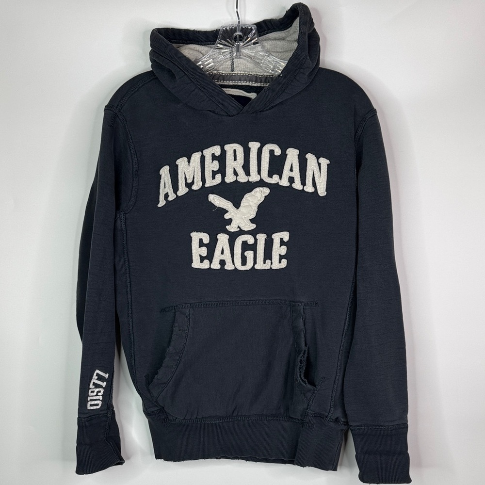 American Eagle Navy Blue Hooded Spellout Sweatshirt Y2K Size XS